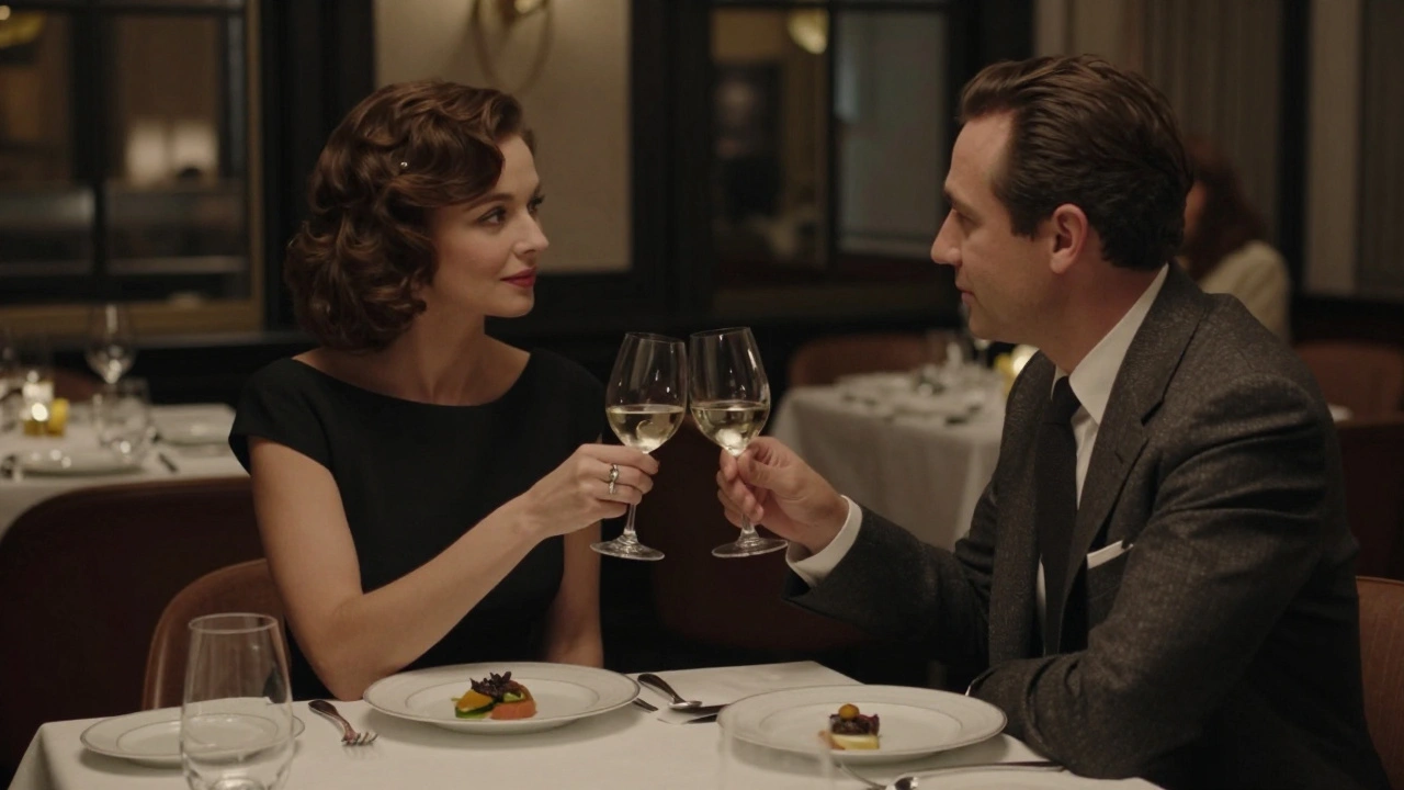 A refined dinner at a high-end London restaurant with soft lighting and fine dining details.