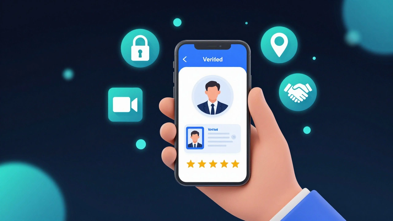 A smartphone displaying a verified escort profile with safety icons like a lock, video call, and handshake, against a dark background with neon accents.