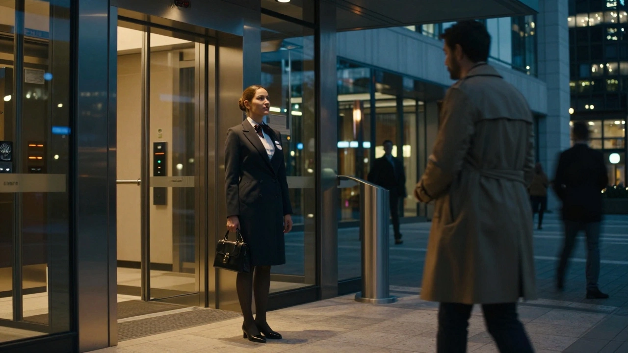 A traveler and escort meeting professionally in a modern Canary Wharf hotel lobby at dusk.