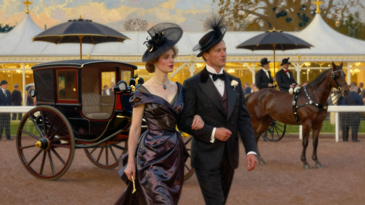 A woman and her companion attending Royal Ascot in stylish attire amidst grand racecourse crowds.
