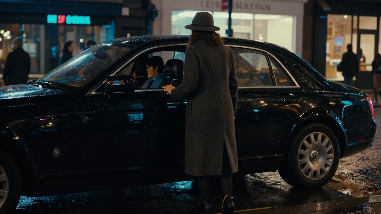 A woman entering a luxury car on a rainy London street at night, discreet and private.