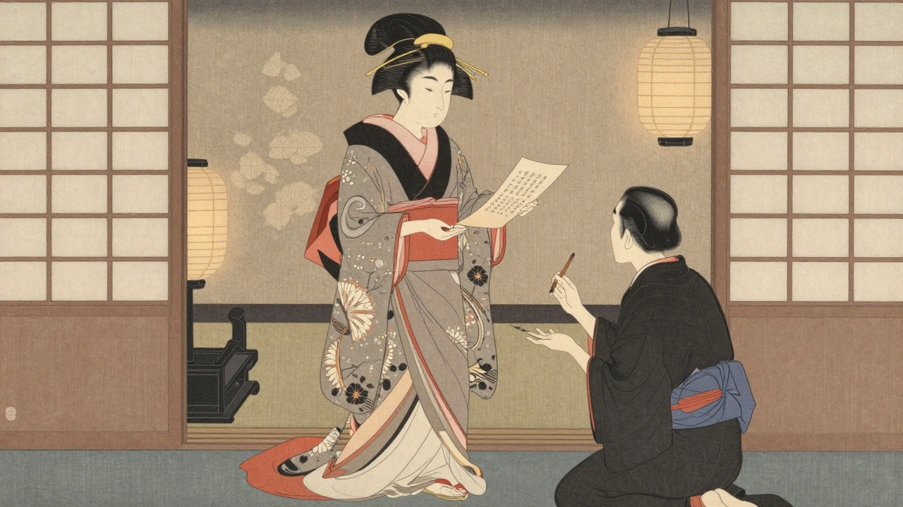 An Edo-period oiran holding a contract, symbolizing legal autonomy and negotiated power in Yoshiwara.