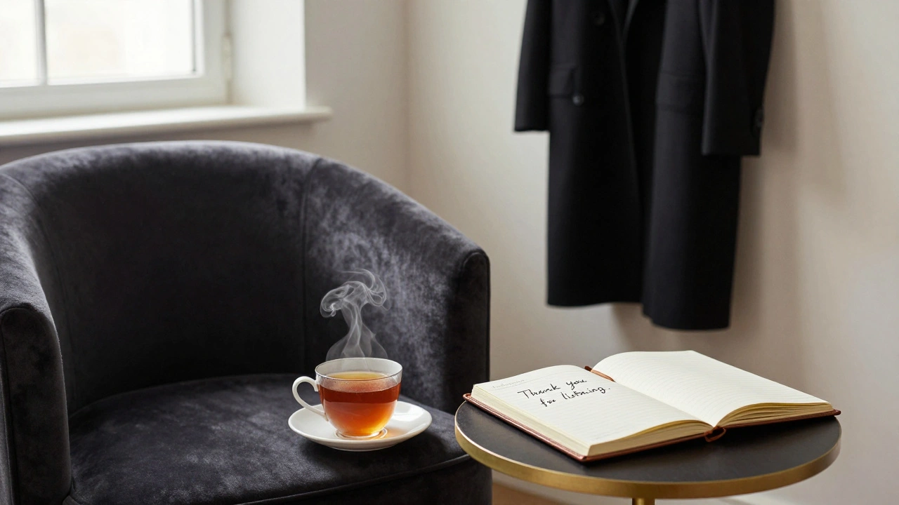 An empty elegant lounge with a teacup and open notebook, conveying emotional closure and dignity.