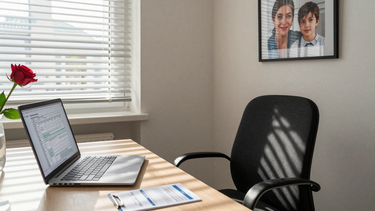 An empty office desk in Berlin with a laptop showing tax forms, a union card, and a rose, bathed in morning sunlight.