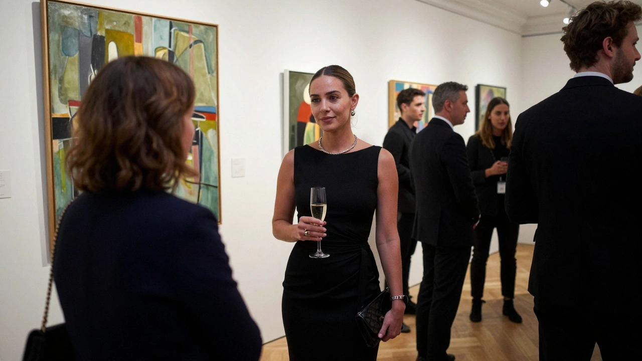 An escort and client engage naturally at an art gallery opening, surrounded by paintings and cultured guests.