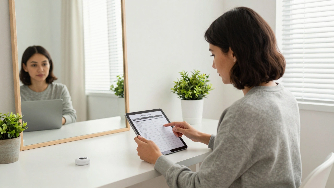An independent sex worker reviewing client safety protocols in a secure, well-lit private space.