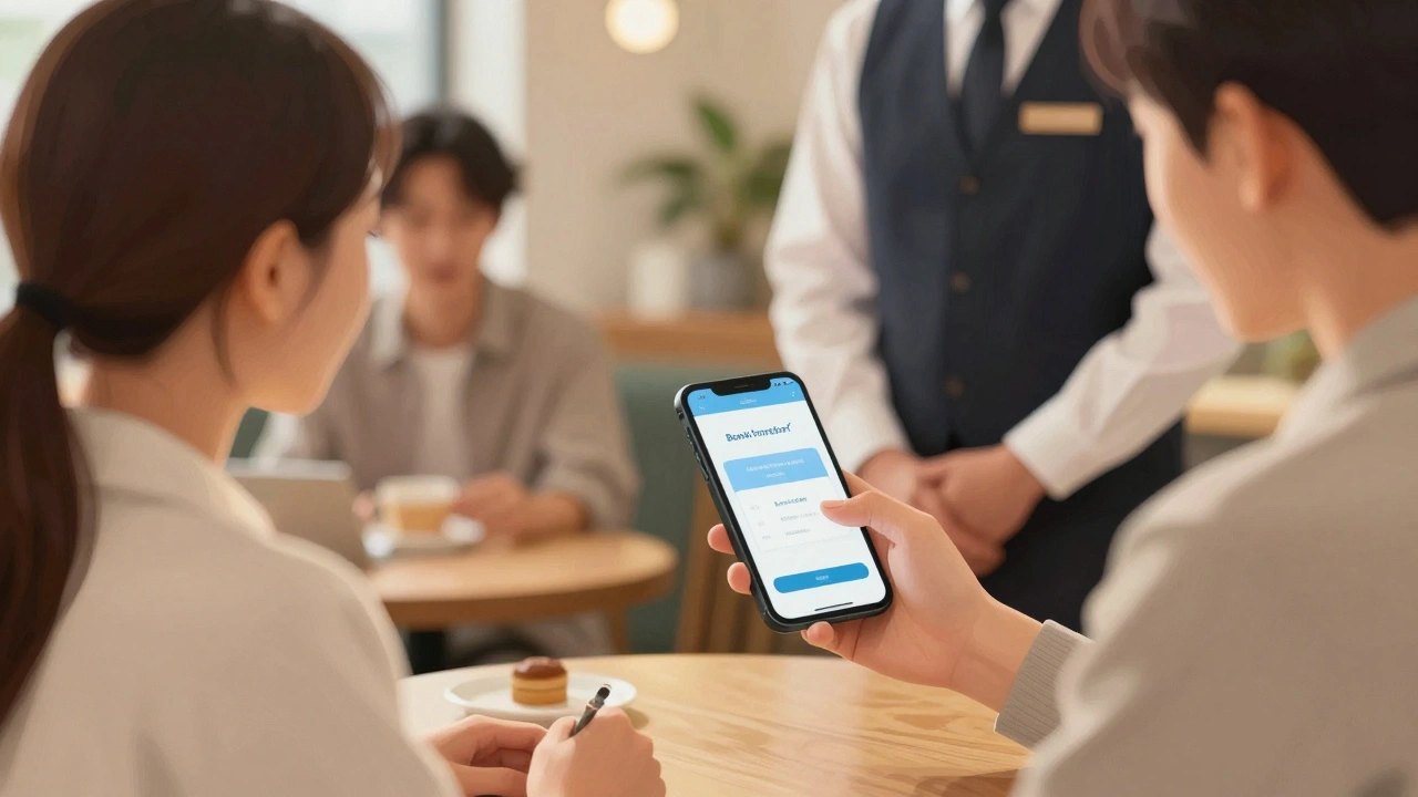 Client and escort meeting in café with bank transfer on phone, friend nearby.