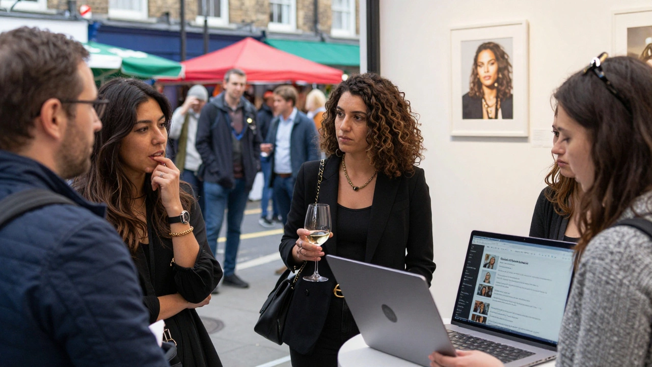Diverse individuals in East London’s market setting, engaging in various companionship moments.