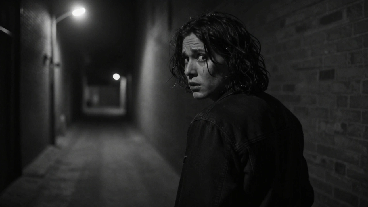 Person in dark alley looking over shoulder in fear