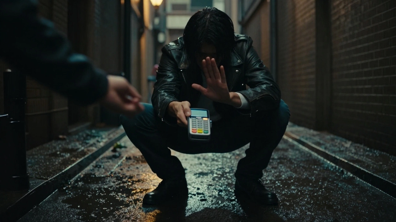 Person refusing cash payment in dim alley, tense body language.