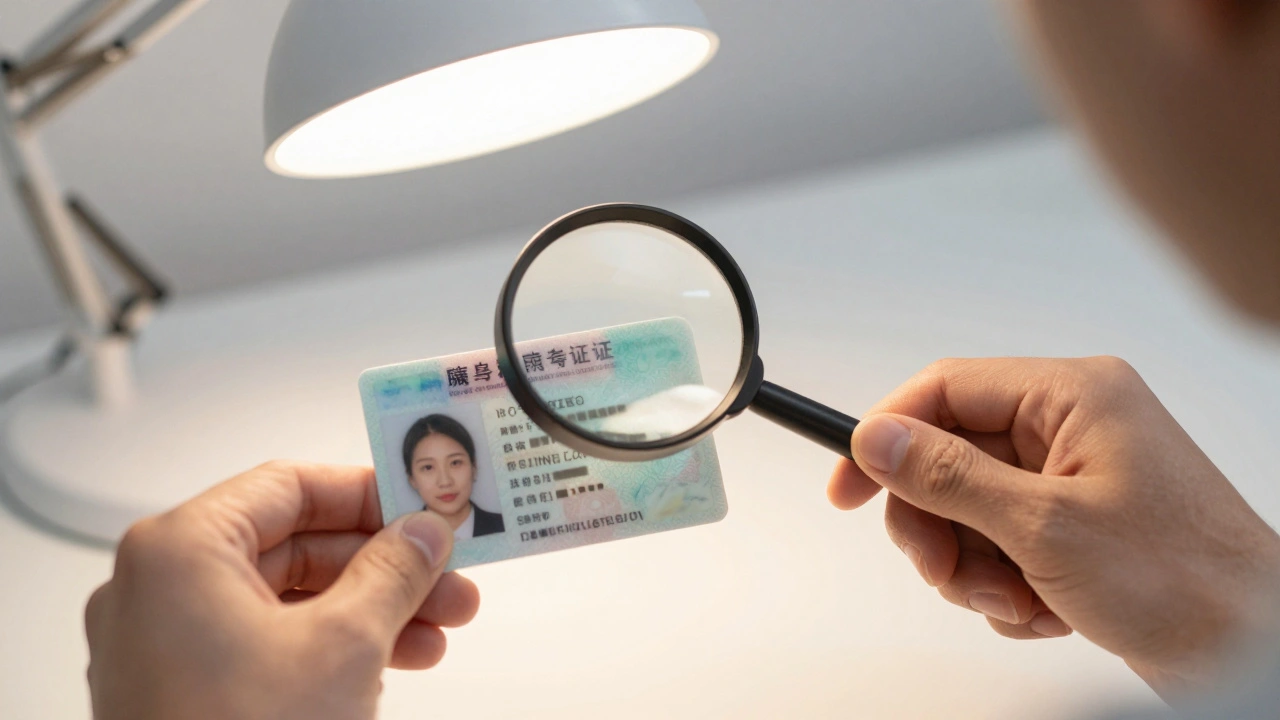 Person verifying ID under desk lamp with magnifying glass