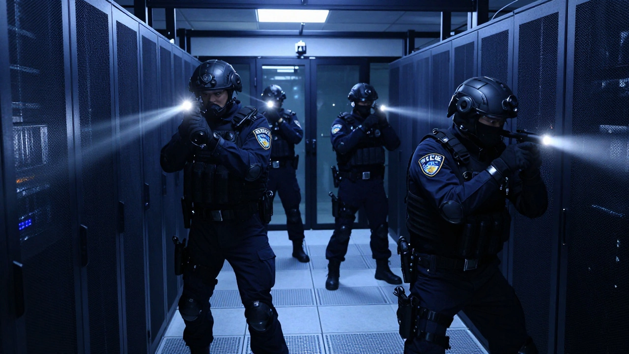 Police officers raiding server room with flashlights