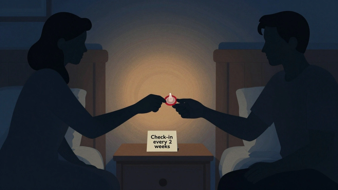 Silhouettes exchanging a condom, with a note about regular check-ins on the nightstand.
