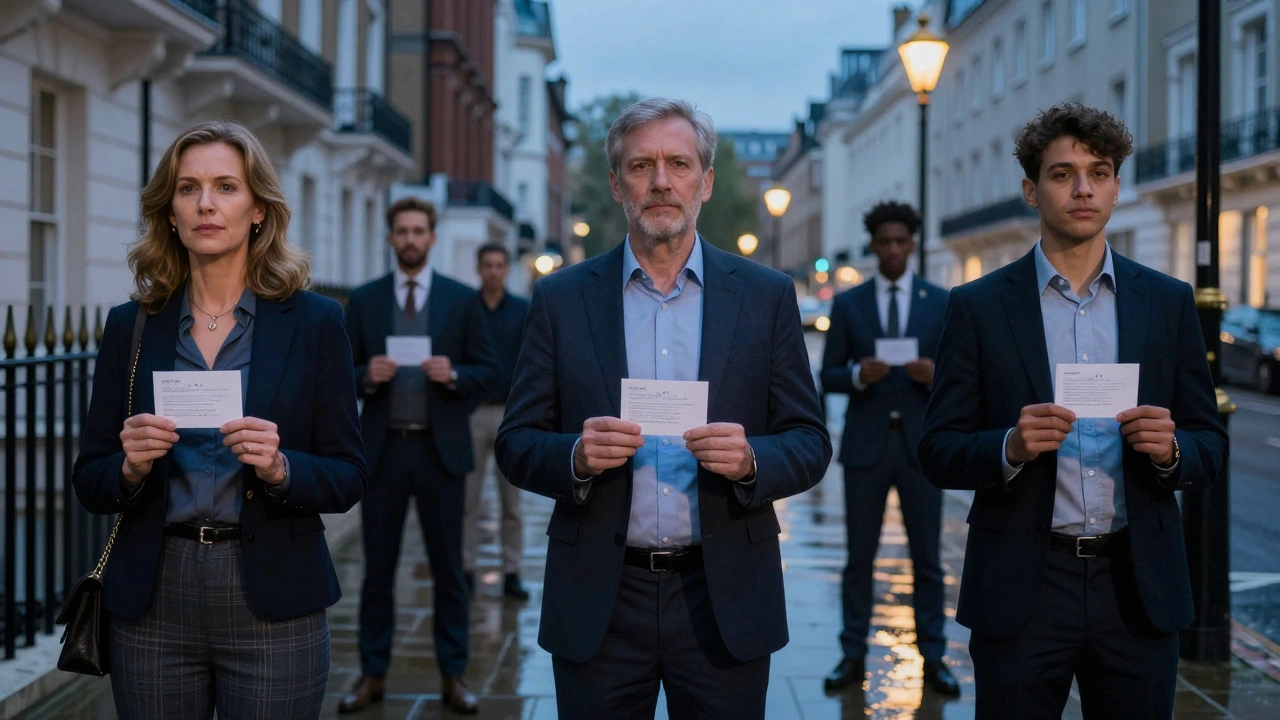 Three diverse individuals standing outside London apartments, holding appointment cards at twilight.