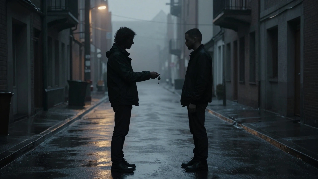Two anonymous figures in a rainy urban alley at dawn, exchanging a key in a discreet, pre-arranged meeting.