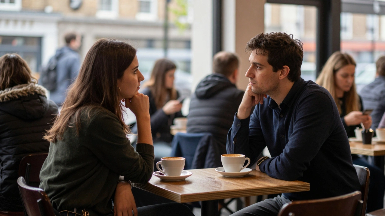 Two people meeting in a café for initial safety check