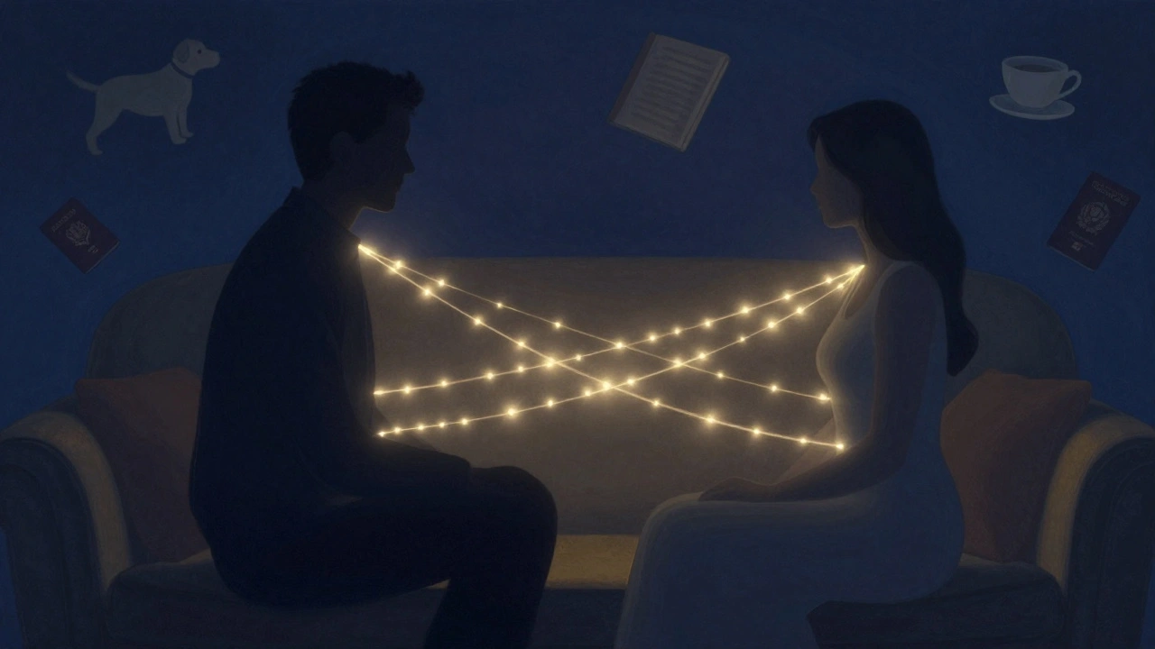 Two silhouettes connected by glowing threads of light, symbolizing deep emotional connection without physical contact.