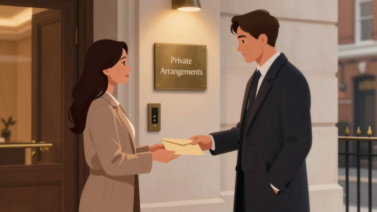 A discreet handoff in a London serviced apartment lobby, emphasizing privacy and professionalism.