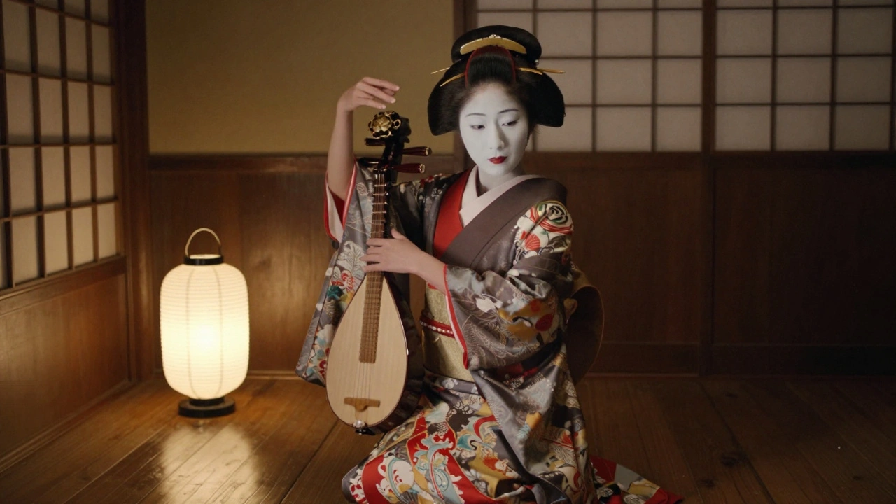 A geisha performing traditional dance in a Kyoto teahouse under lantern light.