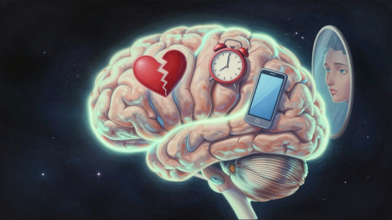 A glowing brain with symbols of regret, silence, and self-reflection, representing emotional disconnect after casual sex.