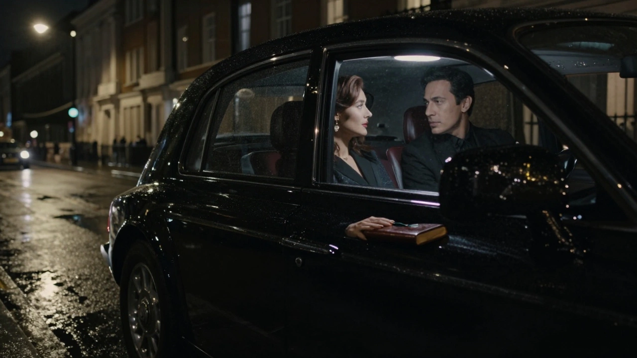 A luxury car glides through rainy London streets at night, interior lit softly as two passengers engage in quiet conversation.