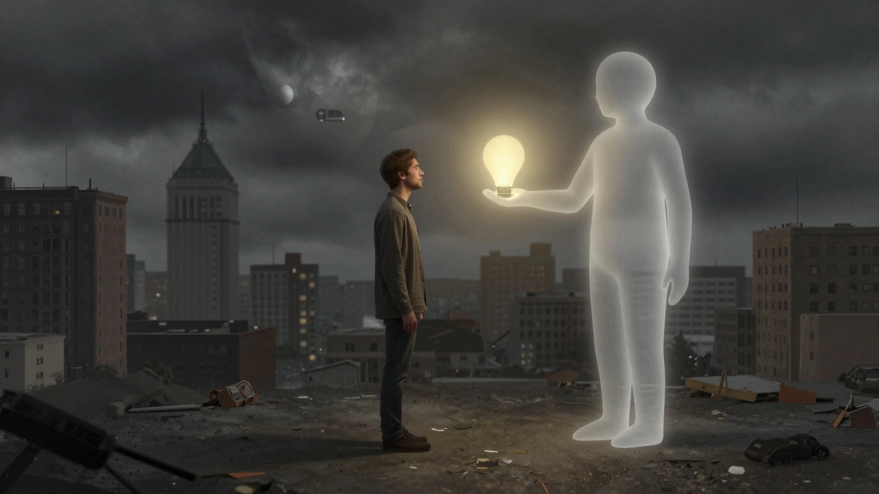 A man surrounded by a stormy cityscape, with a glowing figure beside him symbolizing emotional companionship.