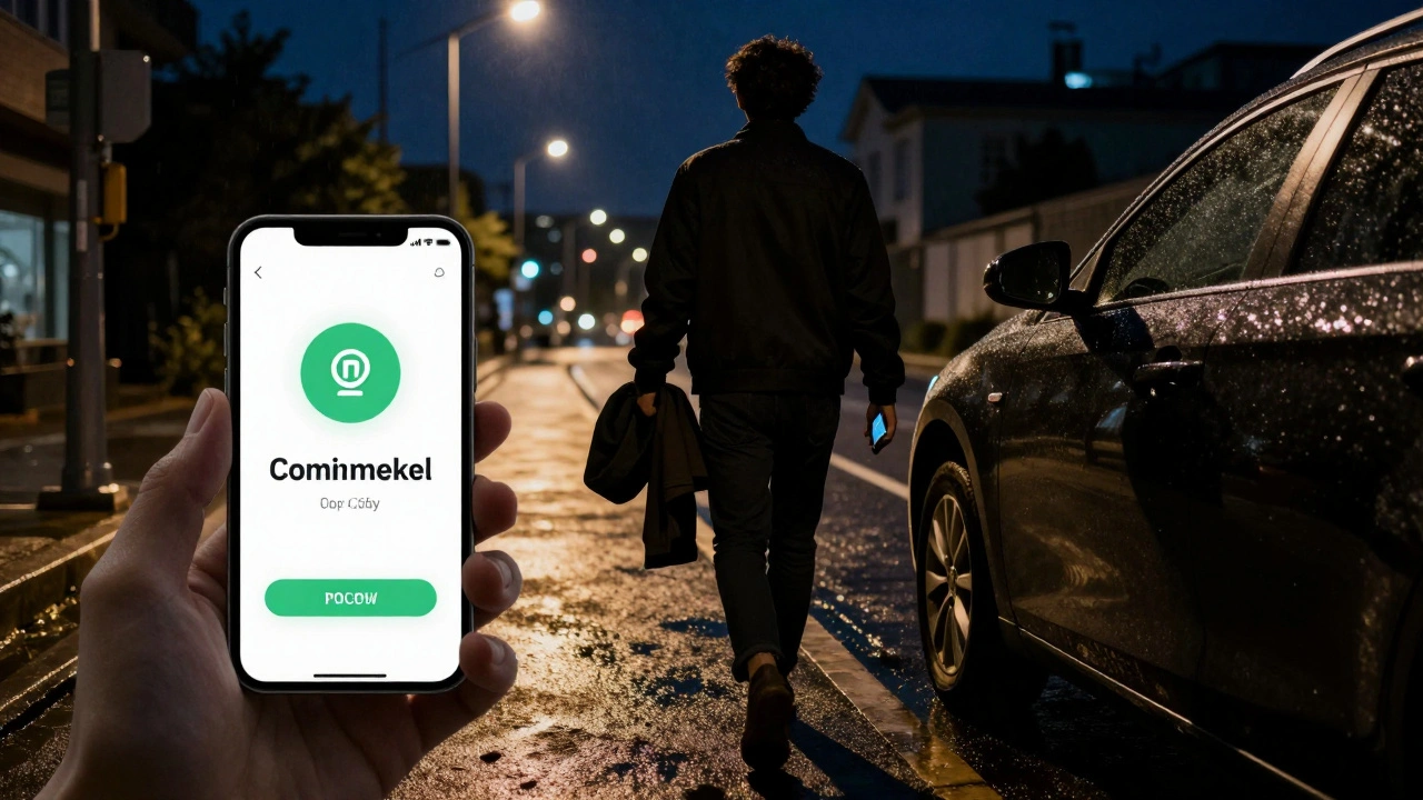 A person walking away from a car at night, phone showing a confirmed ride-share pickup.