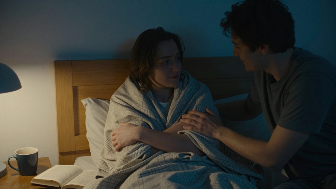 A person wrapped in a blanket after intimacy, receiving a gentle touch and sincere smile from their partner.