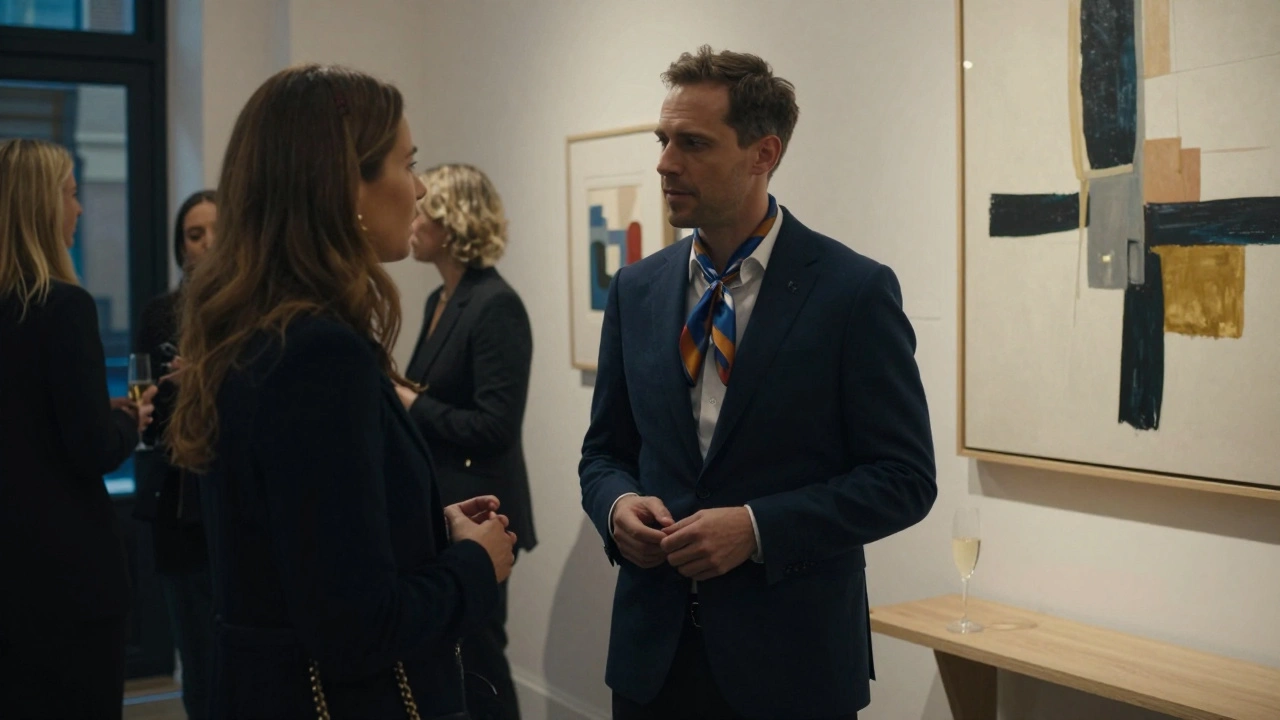 A poised escort and client conversing at a private art gallery opening in Notting Hill, surrounded by modern artwork.