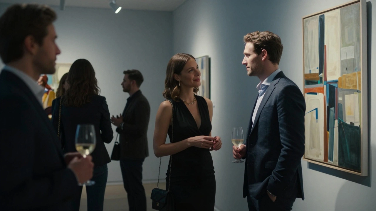 A poised escort and client engage in thoughtful conversation at a sophisticated gallery opening in Islington, surrounded by art and soft lighting.