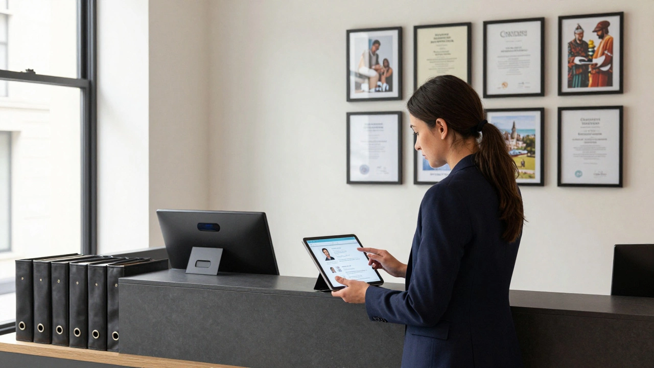 A professional agency office in Mayfair with secure digital kiosk and client profiles highlighting cultural interests, not explicit imagery.