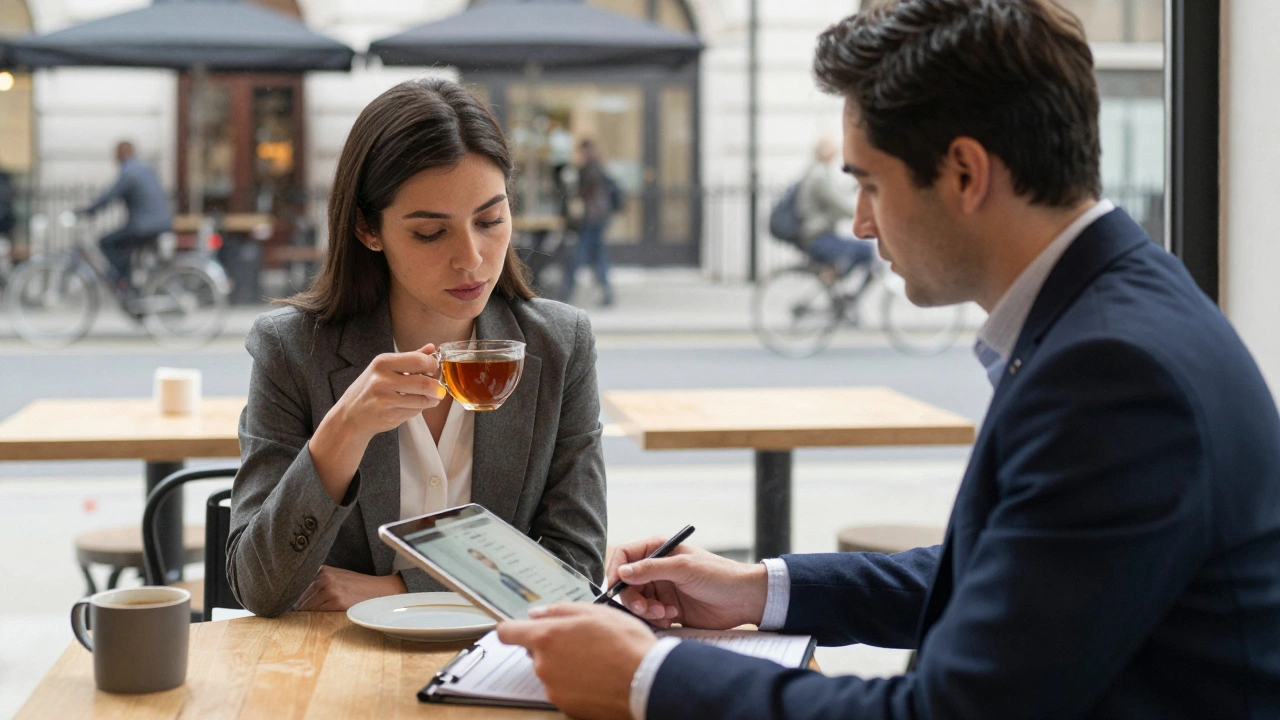 A professional escort meets a client in a calm café, reviewing details with quiet focus, surrounded by subtle London street life.