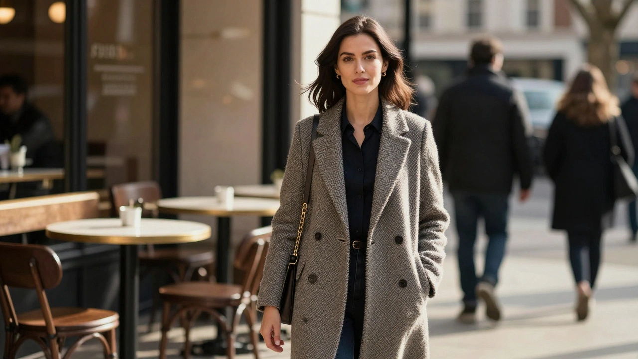 A professional woman stands calmly outside a London café, embodying safe, independent companionship.