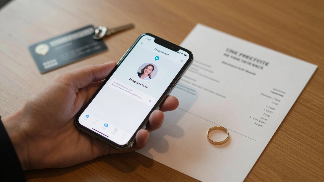 A smartphone shows an encrypted message with meeting details, next to a hotel keycard and written confirmation.