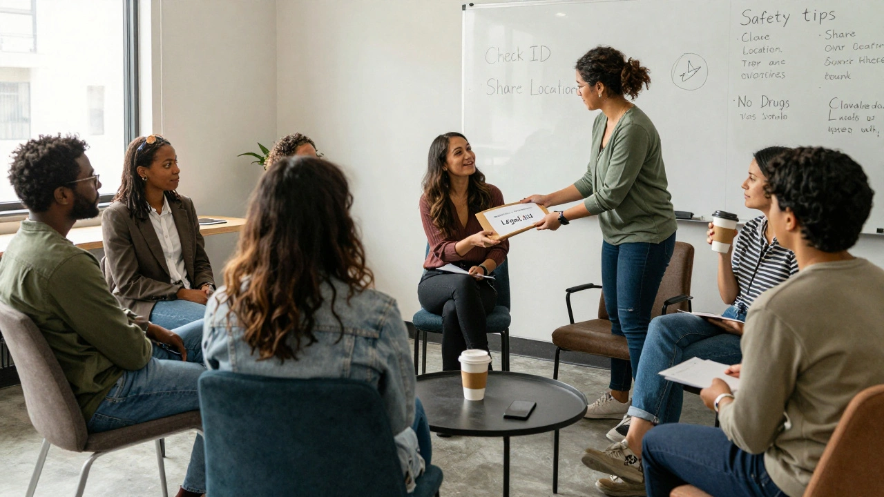 A supportive gathering of sex workers in a community space, sharing safety tips and resources.