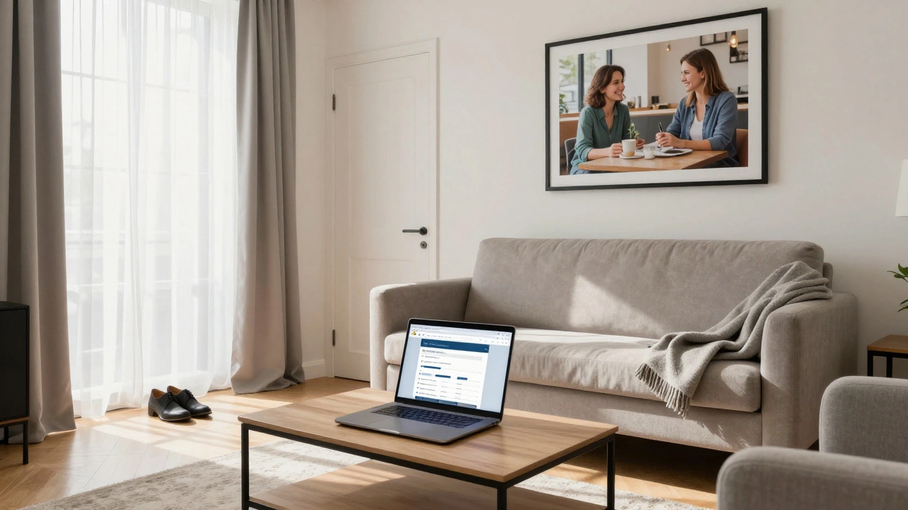 A tidy London apartment with a laptop open to a booking platform, sunlight streaming in, and personal items suggesting a recent visit.