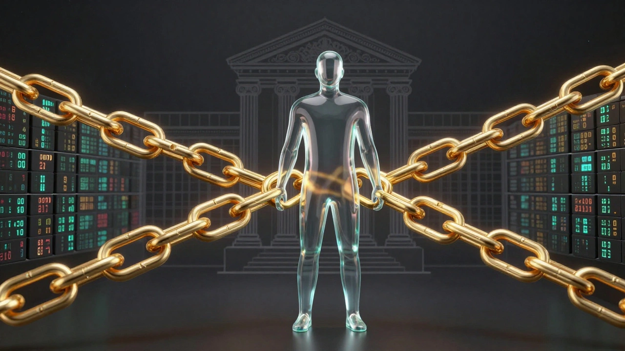 Abstract digital coins forming a protective barrier around a user