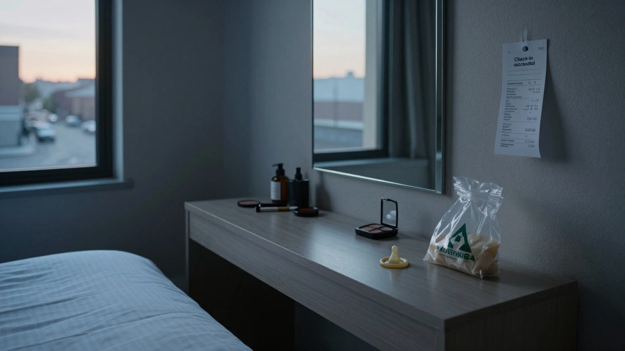 An empty hotel room after a client leaves, with safety receipt and biohazard bag visible.