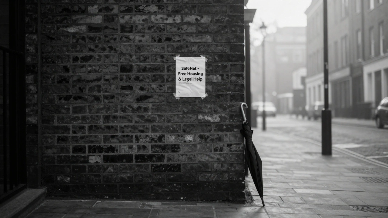 An empty London street at dawn with a handwritten flyer offering help to sex workers.