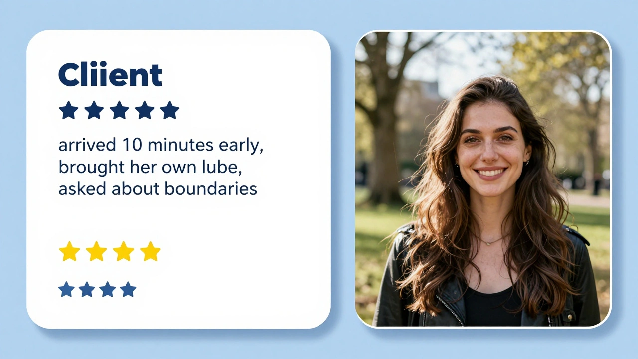 Digital split-screen showing authentic client reviews alongside a natural, unfiltered photo of an escort in a park.