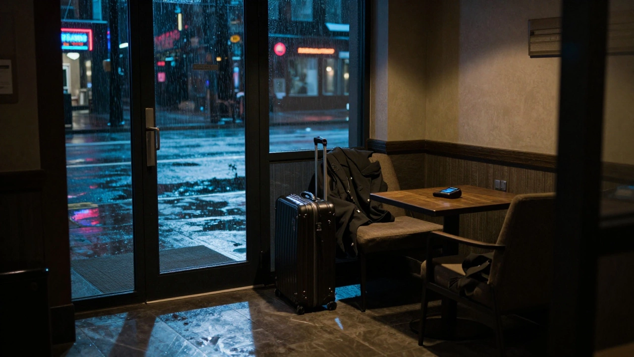 Empty hotel lobby at night with a burner phone and suitcase, conveying caution and anonymity in meeting arrangements.