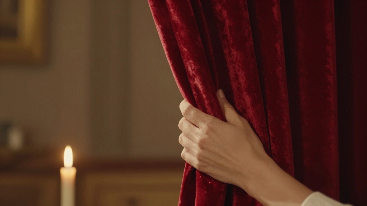 Hand closing velvet curtain with warm candlelight