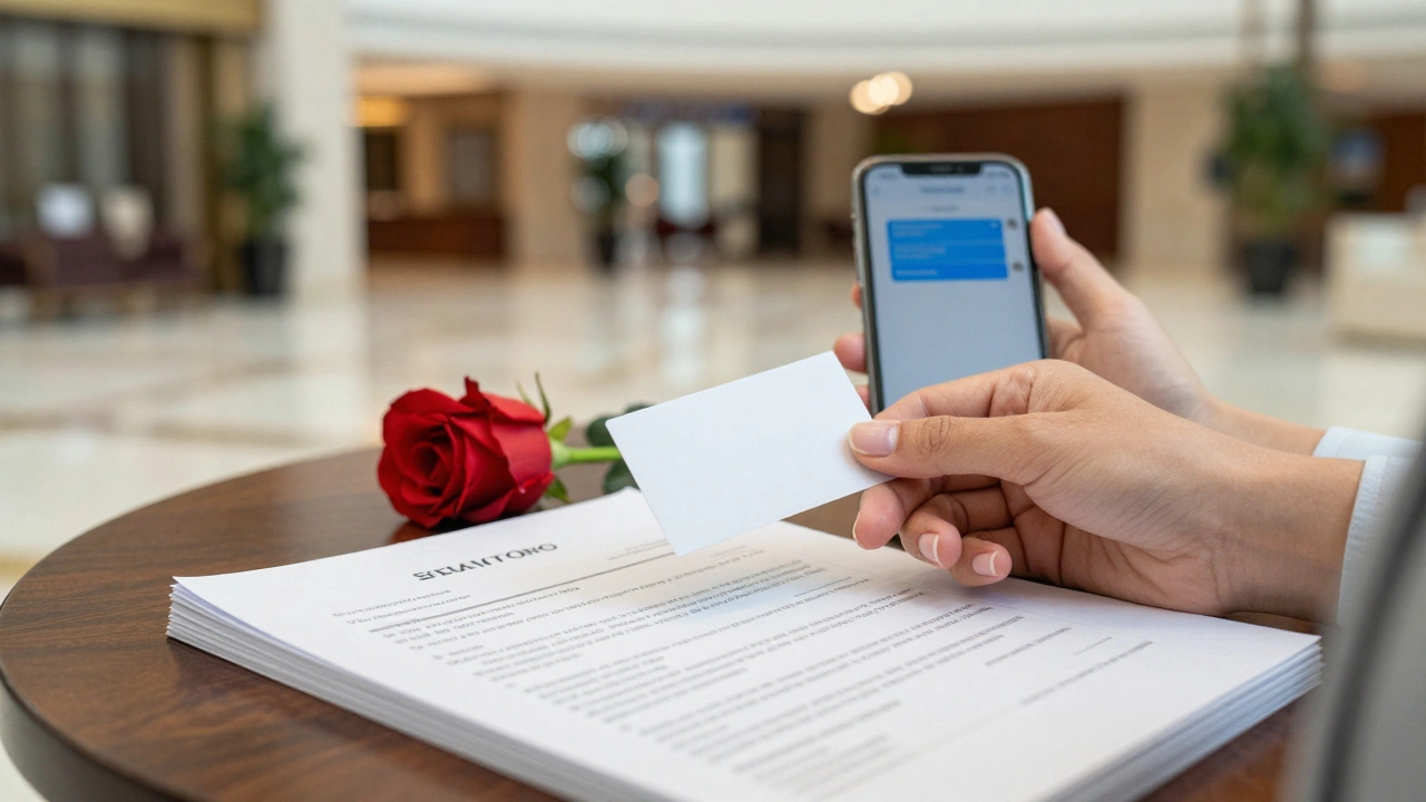 Hands placing a business card beside client notes and a rose, symbolizing autonomy in the escort industry.