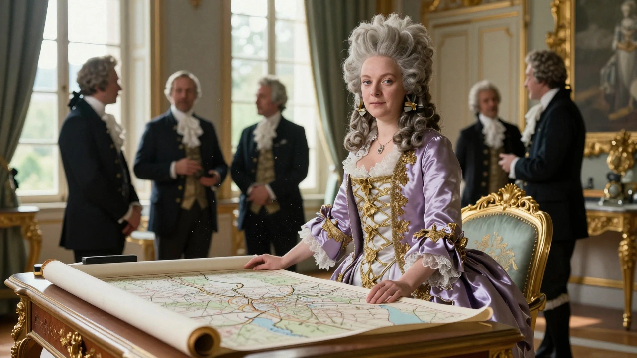 Madame de Pompadour reviewing a map in an opulent room