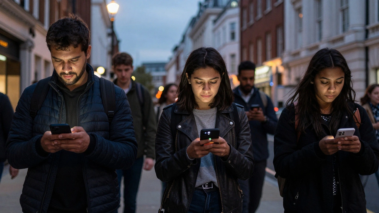 People using a geolocation app on smartphones in a UK city at dusk, checking profiles and reviews.