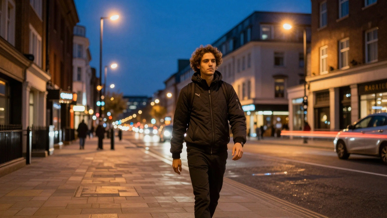 Person walking safely on a well-lit city street at night