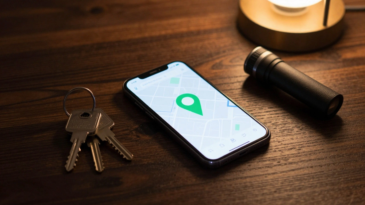 Phone on table shows map beacon near keys and flashlight