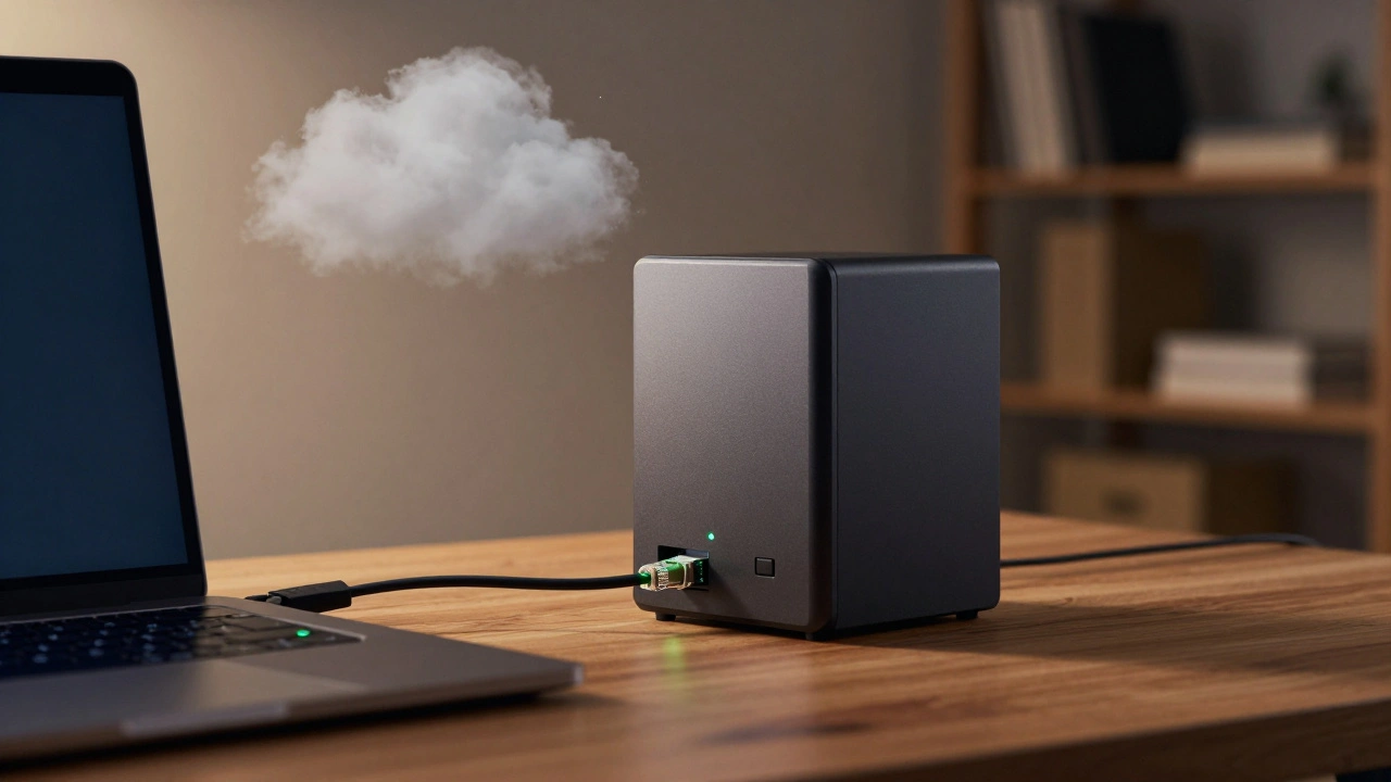 Secure local storage drive connected to a laptop in a dark room