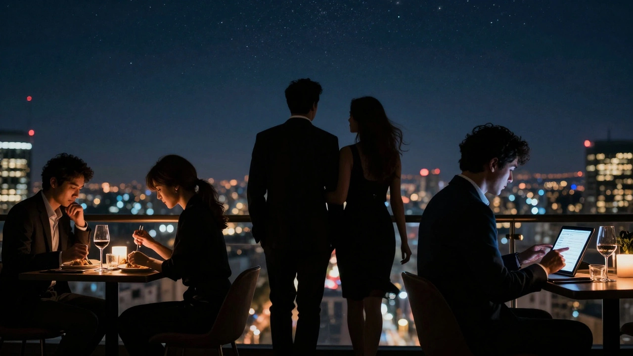 Silhouettes of diverse individuals engaging in discreet, respectful companionship across urban evening settings.