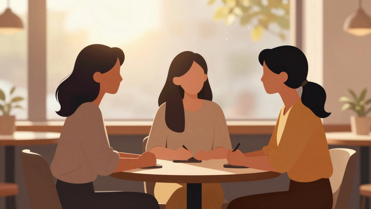 Silhouettes of women talking around a table in sunlight